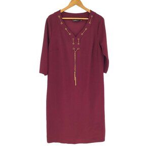 Mlle Gabrielle Shift Dress Size 2X Wine Red Gold Chain Neckline Stretch